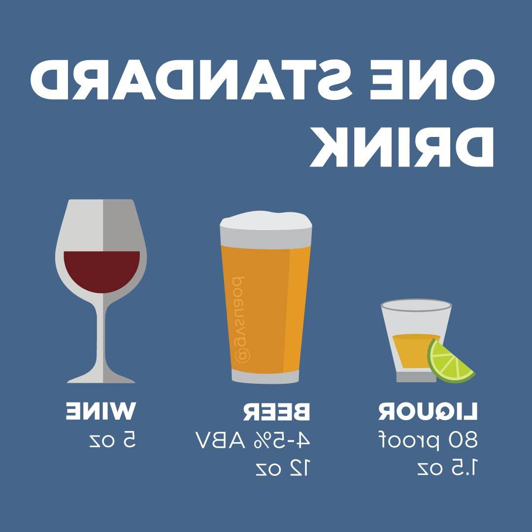 One standard drink equals 12盎司的普通啤酒，通常酒精含量在5%左右 5盎司的葡萄酒，通常酒精含量约为12% 1.5盎司的蒸馏酒，酒精含量约为40%